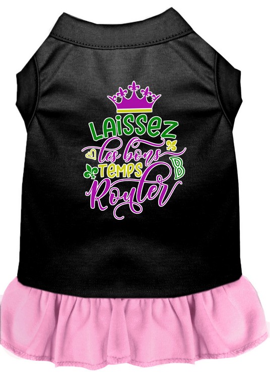 Laissez Les Bons Temps Rouler Screen Print Mardi Gras Dog Dress Black with Light Pink Lg